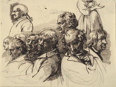 Studieblad met acht mannenhoofden en een vrouw zonder hoofd door Wilhelm Marstrand