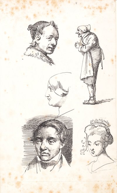 Studieblad met twee mannenhoofden, twee vrouwenhoofden en een staande man door Wilhelm Marstrand