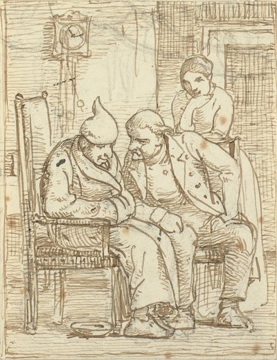 Twee mannen in gesprek, de oude links met een slaapmuts. Ook een vrouw door Wilhelm Marstrand