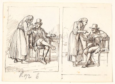Twee scènes met een Italiaanse vrouw die met een oudere man praat door Wilhelm Marstrand