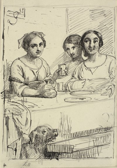 Drie meisjes aan een tafel, onder de tafel een hond door Wilhelm Marstrand