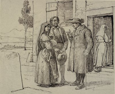Buiten een huis berispt een priester een jong echtpaar door Wilhelm Marstrand