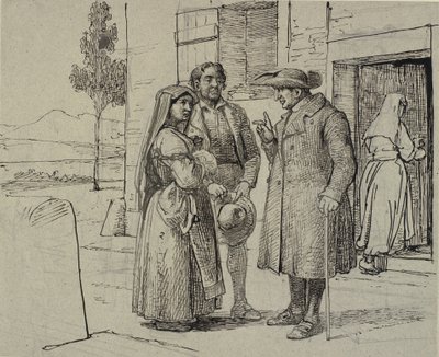 Buiten een huis berispt een priester een jong echtpaar door Wilhelm Marstrand