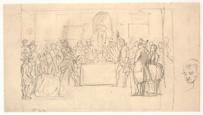Ontwerp voor de slotscène van Het gelukkige schipbreuk door Wilhelm Marstrand