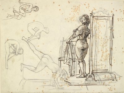 Jong meisje bij het aankleden en vier modelstudies door Wilhelm Marstrand