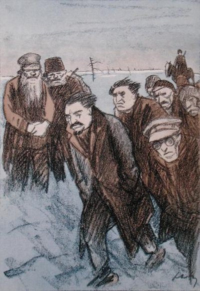 Karikatuur van Leon Trotski (1879-1940) in Siberië, uit het tijdschrift 