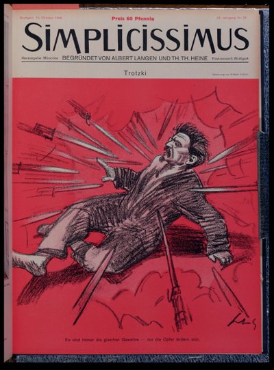 Karikatuur van Leon Trotski (1879-1940) onder aanval, uit 
