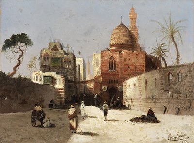 Oriëntaalse Straatscène met Moskee, Minaret en Handelaren op een Voorplein door Wilhelm Sohn