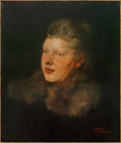 Blondine met bont door Wilhelm Trübner