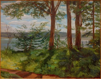 Landschap aan de Starnberger See met drie bomen door Wilhelm Trübner