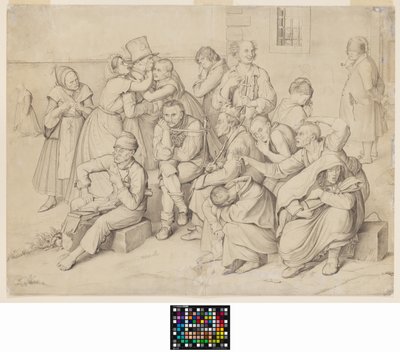 Het gekkenhuis (grafiet op wit velijnpapier, opgeplakt) door Wilhelm von Kaulbach