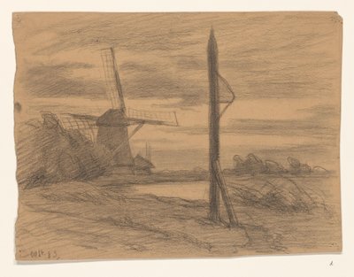 Landschap met paal en windmolen door Wilhelmus Johannes Steenhoff
