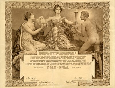 Louisiana Purchase Exposition blanco Gouden Medaille certificaat, 1904 door Will H. Low