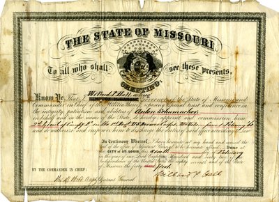 Militaire commissie van Anton Schumacher als 2e luitenant van Compagnie F in het 1e Regiment U.S.R.C., Missouri Volunteers, 6 februari 1862 door Willard P. Hall