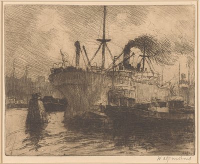 Afgemeerde schepen in de haven van Rotterdam door Willem Adrianus Grondhout (signed by artist)