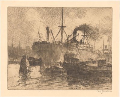 Afgemeerde schepen in de haven van Rotterdam door Willem Adrianus Grondhout (signed by artist)