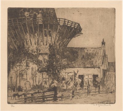 Huis aan de voet van een stellingmolen in Leidschendam door Willem Adrianus Grondhout (signed by artist)
