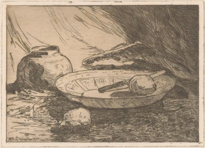 Stilleven met pot en schaal door Willem Adrianus Grondhout (signed by artist)