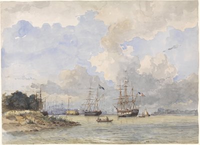 Maas voor Rotterdam, met een Amerikaans en Zweeds schip door Willem Anthonie van Deventer
