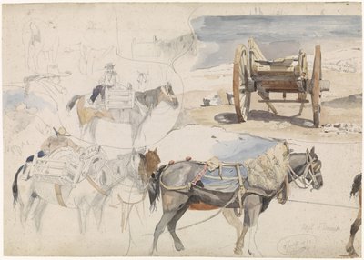 Studieblad met schelpenkar op het strand en diverse studies van paarden door Willem Anthonie van Deventer