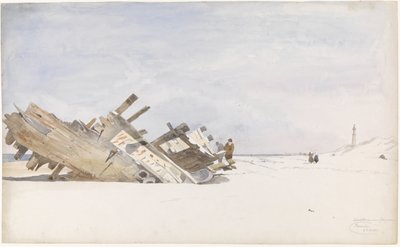 Wrakhout op het strand van Renesse te Schouwen-Duivenland door Willem Anthonie van Deventer