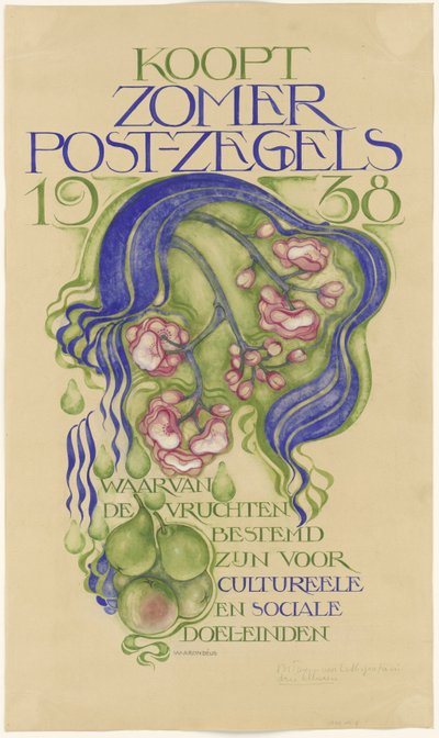 Ontwerp voor een affiche voor de verkoop van zomerpostzegels voor het jaar 1938 door Willem Arondéus (signed by artist)