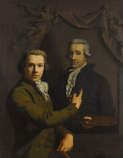 Zelfportret, wijzend naar een portret van de overleden collega van de kunstenaar Dirk Jacobsz Ploegsma (1769-91) door Willem Bartel van der Kooi