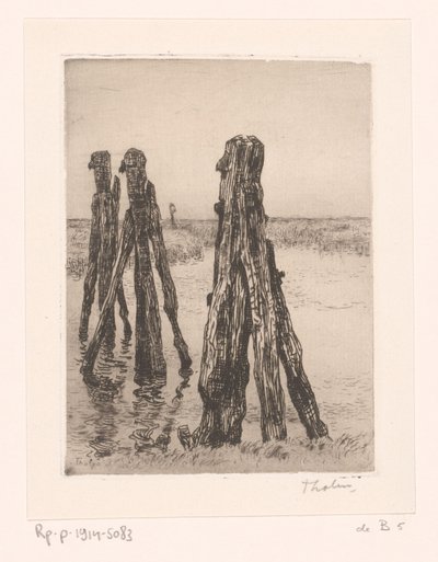 Drie meerpalen in laag water door Willem Bastiaan Tholen (signed by artist)
