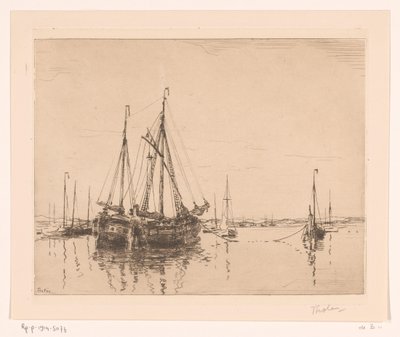 Haven met aangemeerde tweemaster door Willem Bastiaan Tholen (signed by artist)