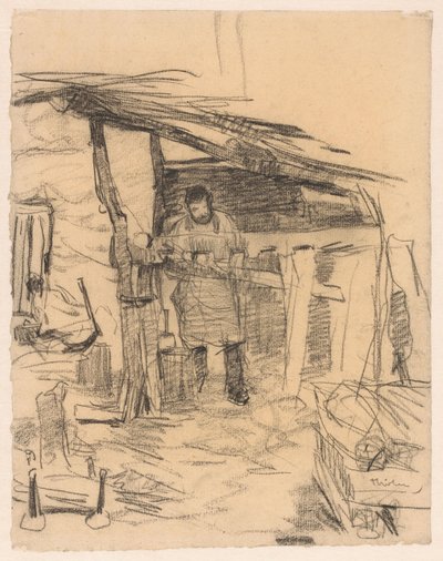 Timmerman bezig met het maken van een geraamte voor een schuur door Willem Bastiaan Tholen