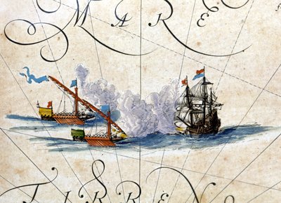 Slag tussen twee galeien en een kraak. Atlas door Willem Janszoon Blaeu (1571 - 1638) door Willem Blaeu