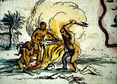 Brazilië. Kannibalen die een man met een bijl afbeelden. (detail) door Willem Blaeu
