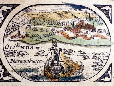 Brazilië, uitzicht op Pernambuc (Recife), Atlas door W. G. Blaeu, Amsterdam 1600. door Willem Blaeu