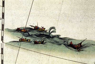 Bretonse vissers jagen op de walvis met de handharpoen. Detail van William Blaeu