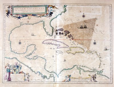De Caribische Zee: je kunt de Bermuda-driehoek zien tussen de Bermuda-archipel, Miami en Puerto Rico. Volgens de Atlas van Wilhelm Blaeu door Willem Blaeu