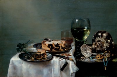 Ontbijttafel met bramentaart door Willem Claesz. Heda
