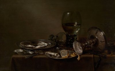 Stilleven met oesters, een zilveren tazza en glaswerk, 1635 door Willem Claesz. Heda
