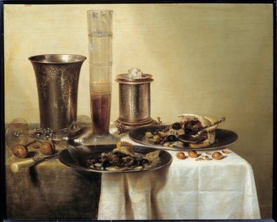 Stilleven met zilveren beker door Willem Claesz. Heda