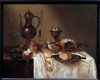 Stilleven met de Nautilus Tafel bedekt met zilverwerk, een brood, een wijnglas, een taart en een gepelde citroen. Schilderij door Willem Heda (1594-1670) 1642 Saint Etienne, Museum voor Schone Kunsten door Willem Claesz. Heda