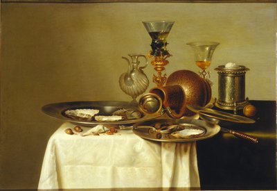 Stilleven met een roemer op een vergulde standaard, steengoed en oesters, 1637 door Willem Claesz. Heda
