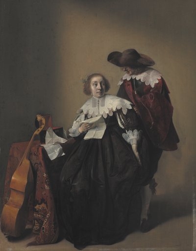 Een Zittende Vrouw met een Brief, een Heer Staand naast Haar door Willem Cornelisz Duyster