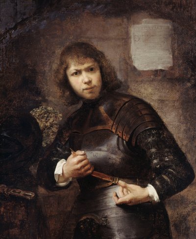 Een soldaat, staand driekwart lengte, zijn riem vastmakend door Willem Drost