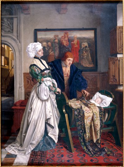 Karel V en Jeanne Vandergeynst bij de Wieg van hun Dochter Marguerite, 1870 door Willem Geets