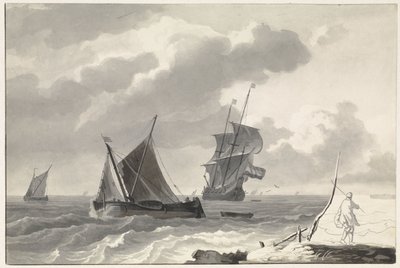 Zeilschepen op woelig water voor de kust door Willem Gruyter jr.