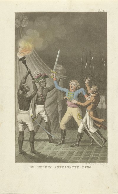 Twee figuren met zwaarden bij twee zwarte mannen door Willem Hendrik Hoogkamer