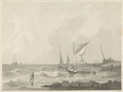 Vissersboten bij een havenhoofd door Willem Hendrik Hoogkamer