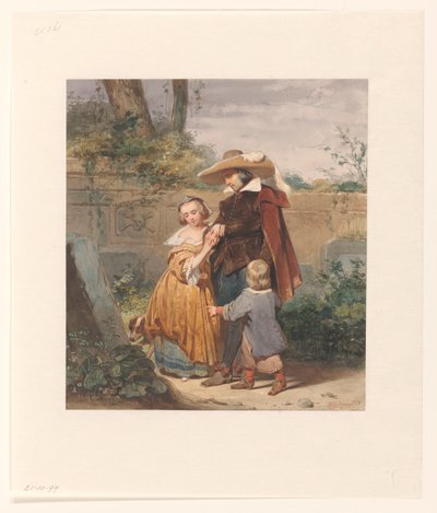 Een vader met twee kinderen bij het graf van de moeder door Willem Hendrik Schmidt