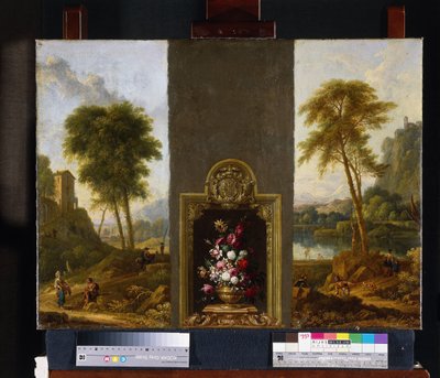 Bloemstilleven in omlijsting met monogram door Willem Hendrik Wilhelmus van Royen (attributed to)