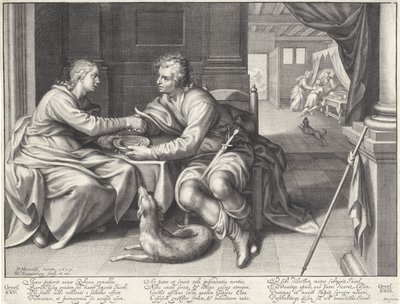Esau verkoopt zijn eerstgeboorterecht aan Jakob door Willem Isaacsz. van Swanenburg