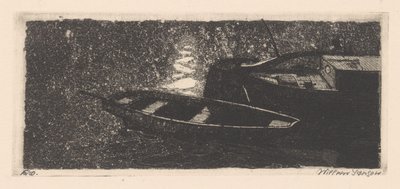 Achtersteven en roeiboot door Willem Jansen (graveur) (signed by artist)